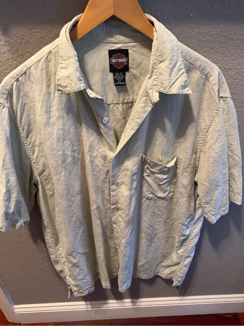 Harley-Davidson Men's 100% Silk Light Green Short-Sleeve Button-Up Shirt large